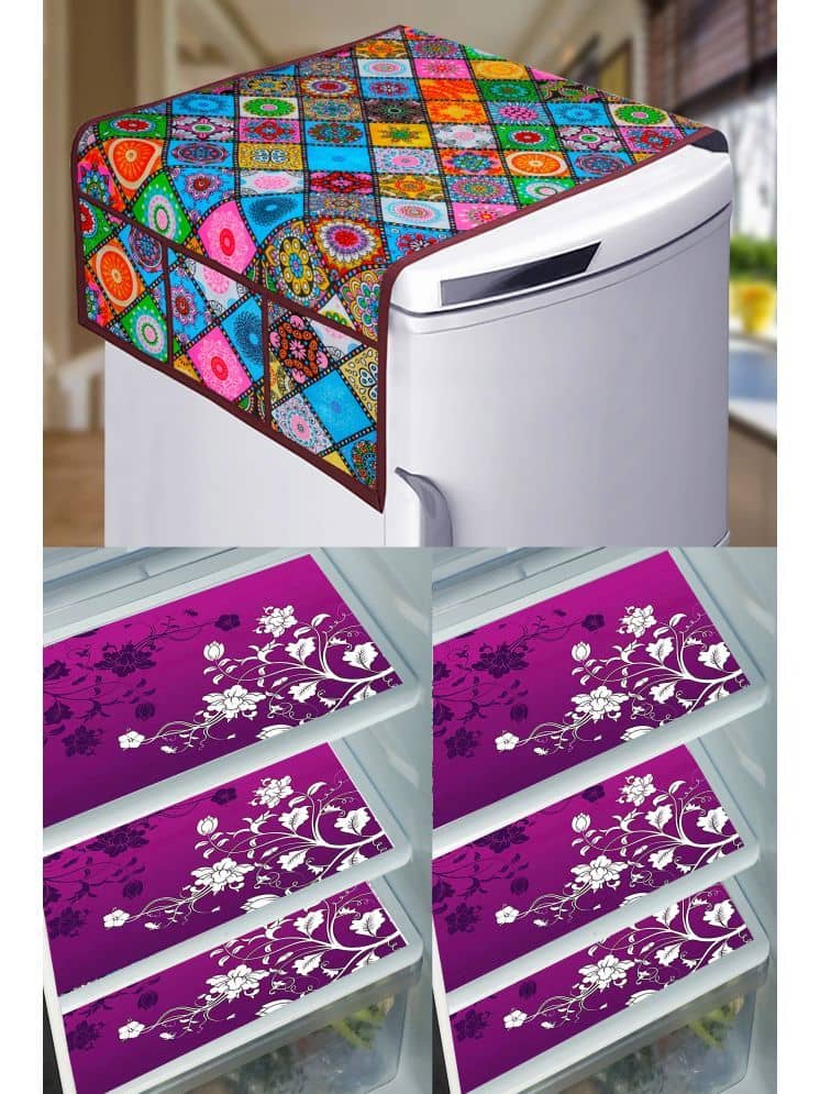 Crosmo PVC Floral Printed Fridge Mat & Cover ( 99 53 ) Pack of 7 - Multicolor