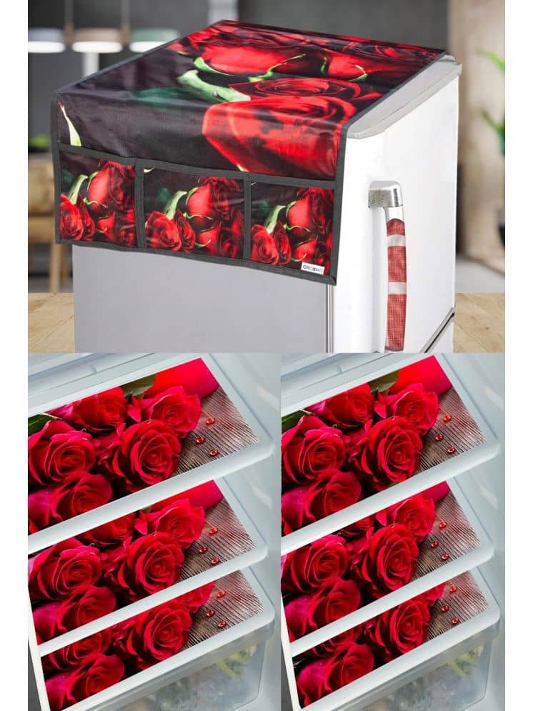 Crosmo PVC Floral Printed Fridge Mat & Cover ( 99 53 ) Pack of 7 - Multicolor