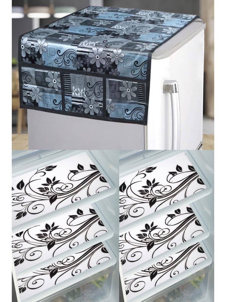 Crosmo PVC Floral Printed Fridge Mat & Cover ( 99 53 ) Pack of 7 - Multicolor