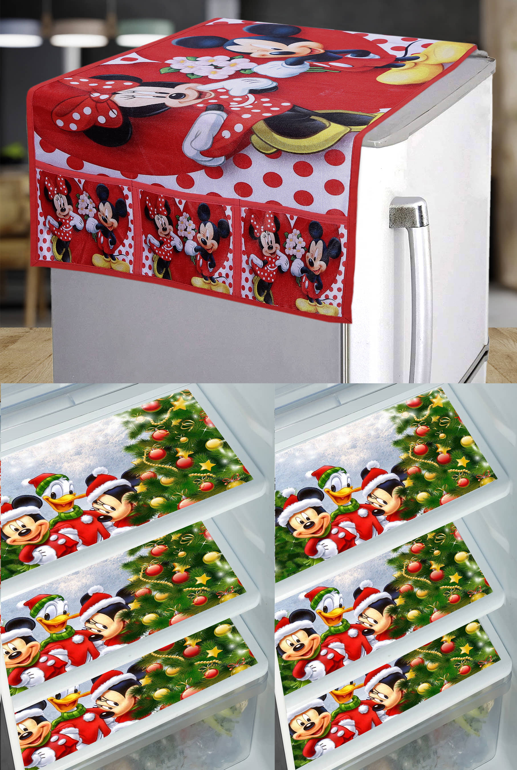 Crosmo PVC Floral Printed Fridge Mat & Cover ( 99 53 ) Pack of 7 - Multicolor