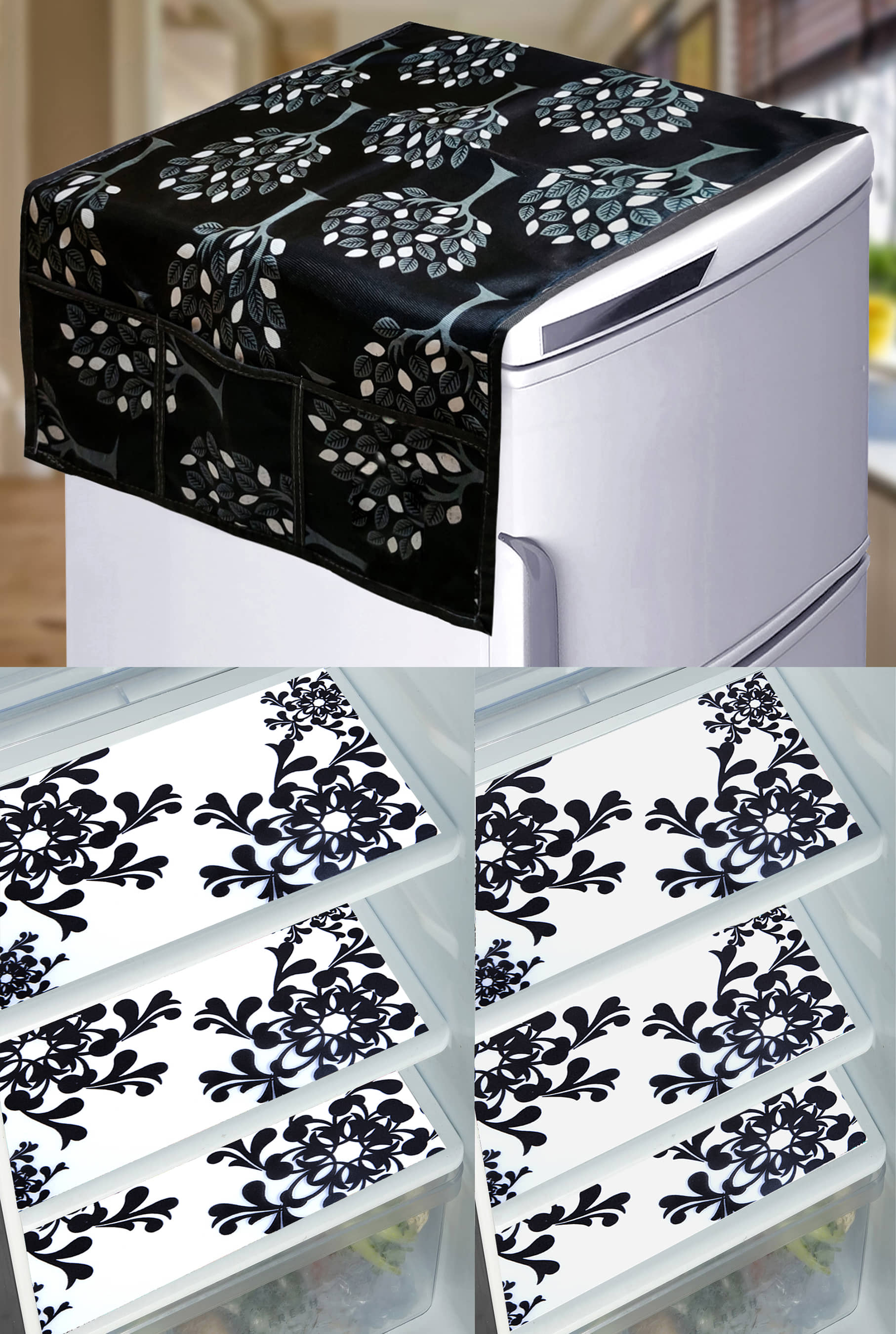 Crosmo PVC Floral Printed Fridge Mat & Cover ( 99 53 ) Pack of 7 - Multicolor