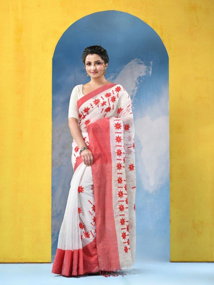     			Desh Bidesh Cotton Embroidered Saree With Unstitched Blouse Piece ( Red )