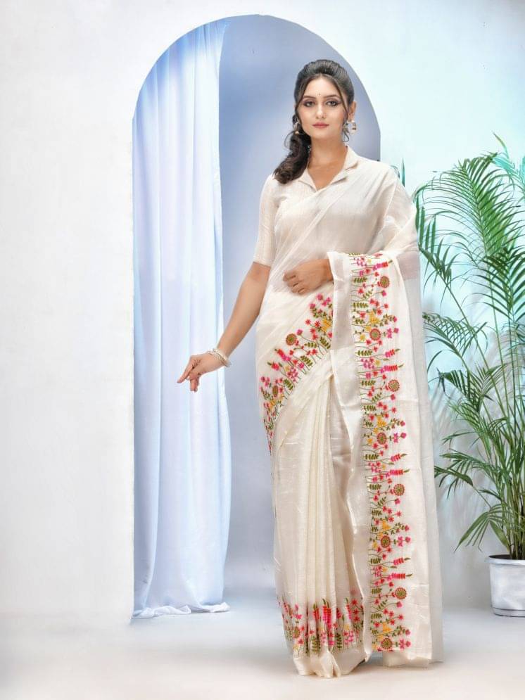     			Desh Bidesh Cotton Silk Embroidered Saree With Unstitched Blouse Piece ( White )