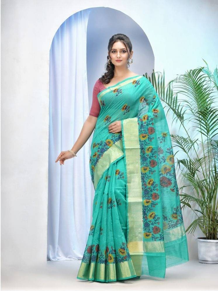 Desh Bidesh Cotton Silk Printed Saree With Unstitched Blouse Piece ( Turquoise ) Desh Bidesh Cotton Silk Printed Saree With Unstitched Blouse Piece ( Turquoise )