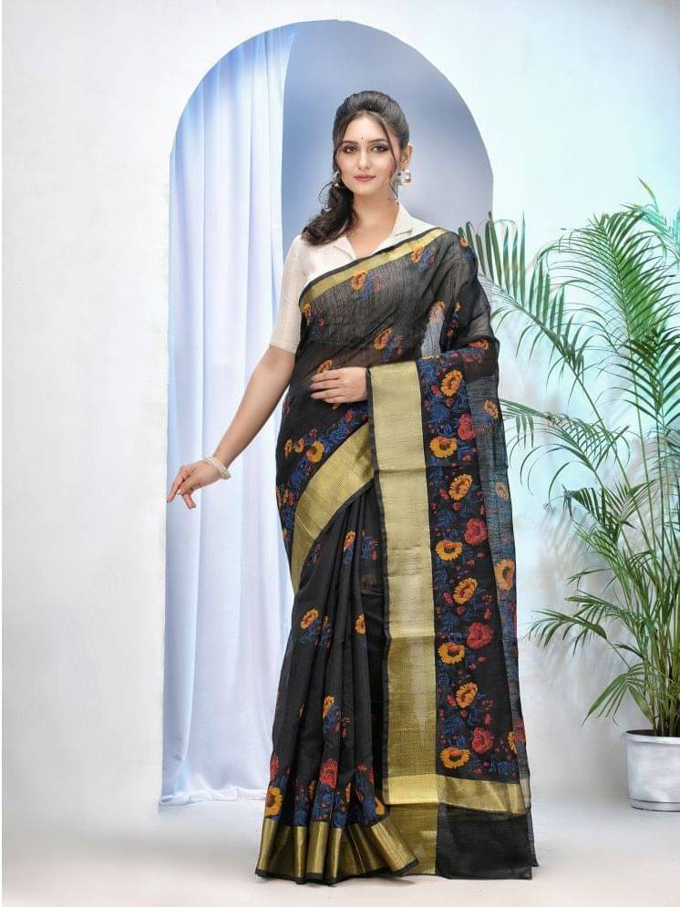     			Desh Bidesh Cotton Silk Printed Saree With Unstitched Blouse Piece ( Black )