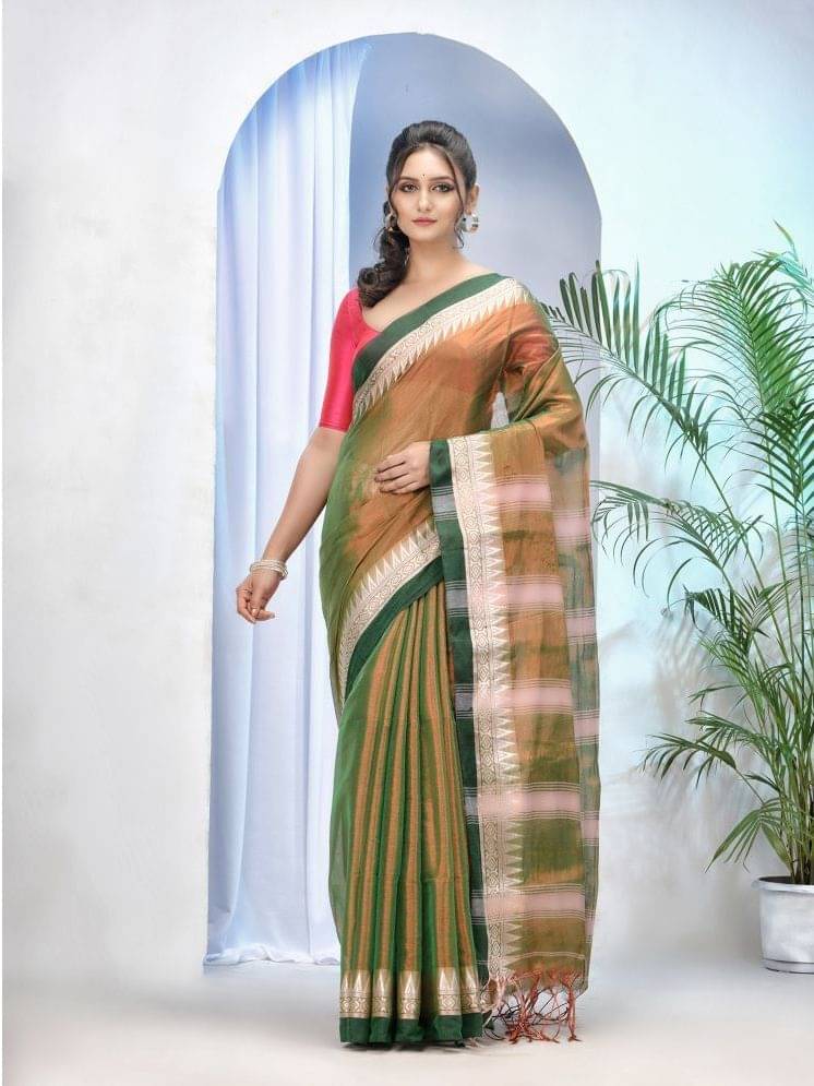 Desh Bidesh Cotton Silk Striped Saree With Unstitched Blouse Piece ( Green ) Desh Bidesh Cotton Silk Striped Saree With Unstitched Blouse Piece ( Green )