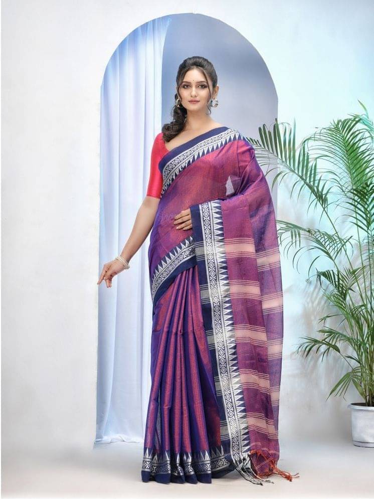     			Desh Bidesh Cotton Silk Striped Saree With Unstitched Blouse Piece ( Purple )