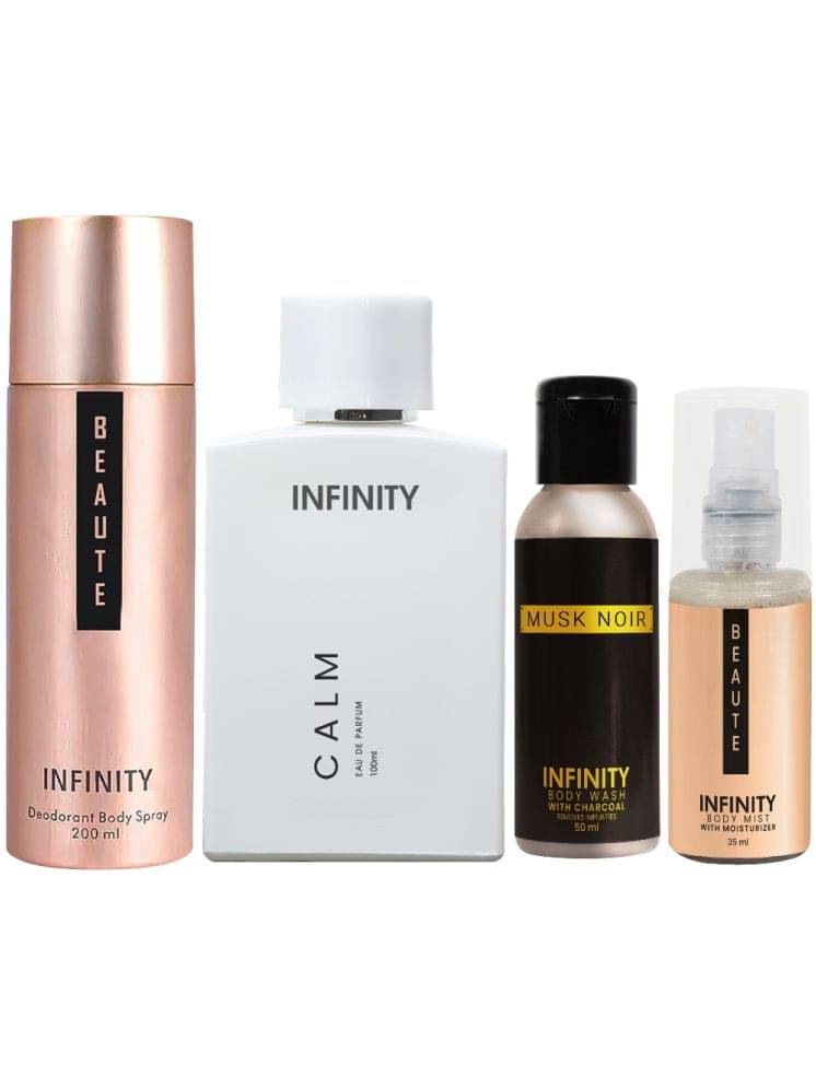     			Infinity Calm Perfume, Beaute Deodorant, Musk Noir Body Wash & Beaute Body Mist Pack of 4