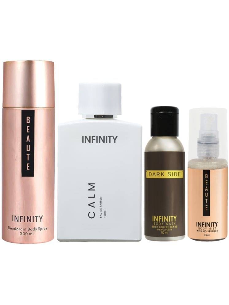     			Infinity Calm Perfume, Beaute Deodorant, Dark Side Body Wash & Beaute Body Mist Pack of 4