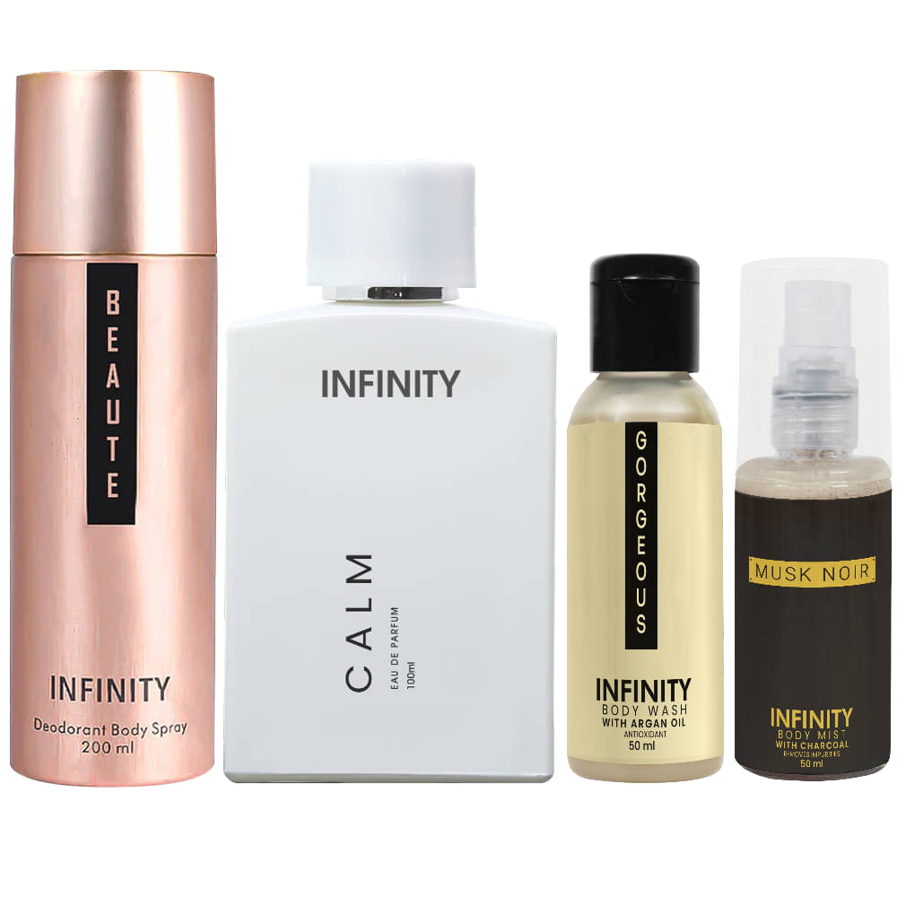     			Infinity Calm Perfume, Beaute Deodorant, Gorgeous Body Wash & Musk Noir Body Mist Pack of 4
