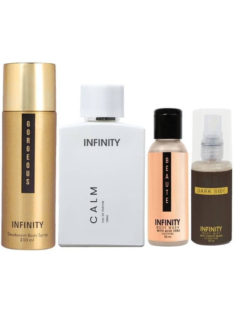     			Infinity Calm Perfume, Gorgeous Deodorant, Beaute Body Wash & Dark Side Body Mist Pack of 4