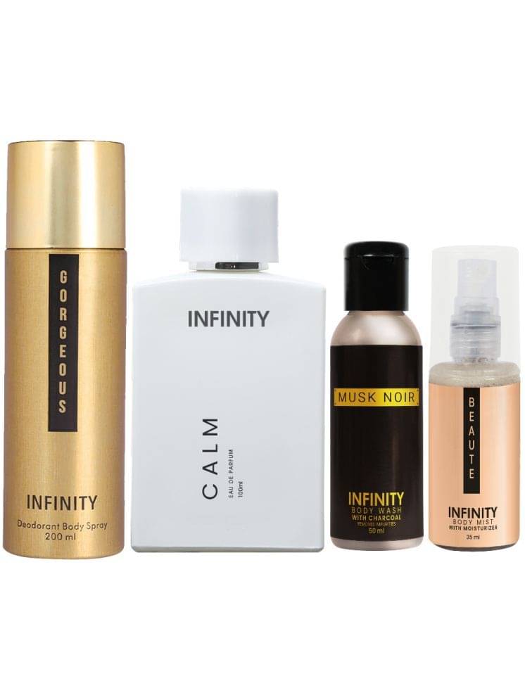     			Infinity Calm Perfume, Gorgeous Deodorant, Musk Noir Body Wash & Beaute Body Mist Pack of 4