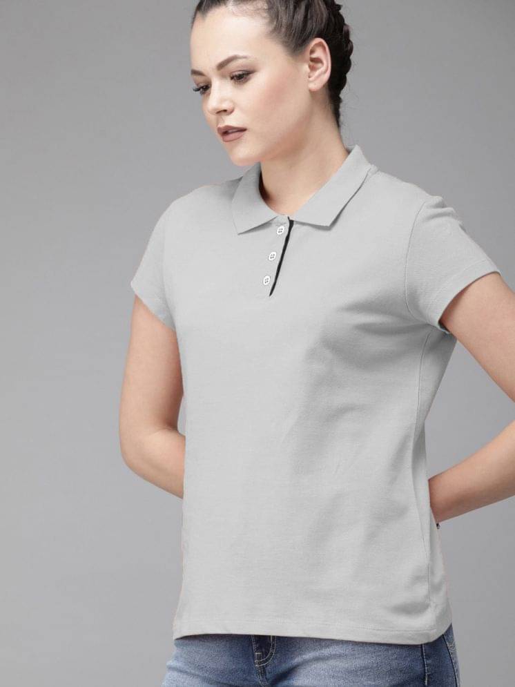 Merriment Women Cotton Blend Solid Regular Fit Polo Collar T-Shirt ( Grey ) Merriment Women Cotton Blend Solid Regular Fit Polo Collar T-Shirt ( Grey )