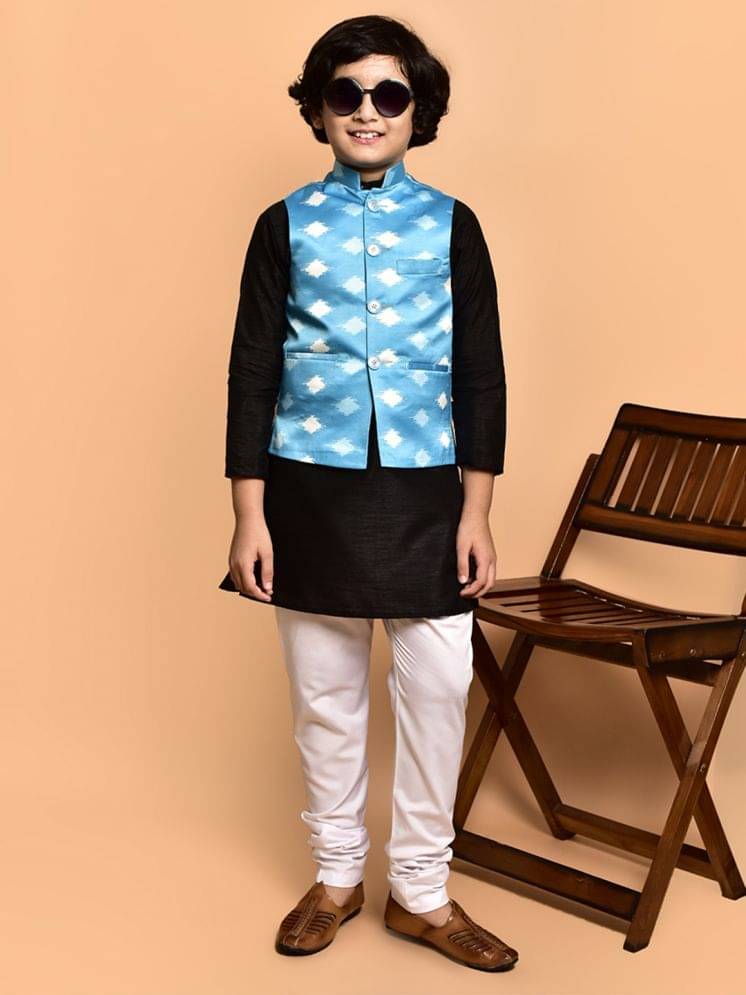     			PRINTCULTR Boys Cotton Blend Ikat - Pattern Kurta Pant Set ( Black , Pack of 1 )