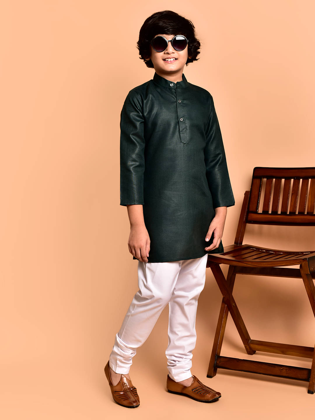     			PRINTCULTR Boys Cotton Blend Solid - Pattern Kurta Pant Set ( Dark Green , Pack of 1 )
