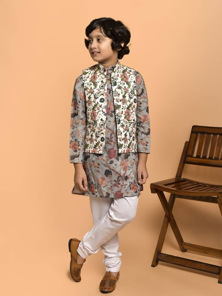 PRINTCULTR Boys Cotton Blend Floral - Pattern Kurta Pant Set ( Grey , Pack of 1 )     			PRINTCULTR Boys Cotton Blend Floral - Pattern Kurta Pant Set ( Grey , Pack of 1 )