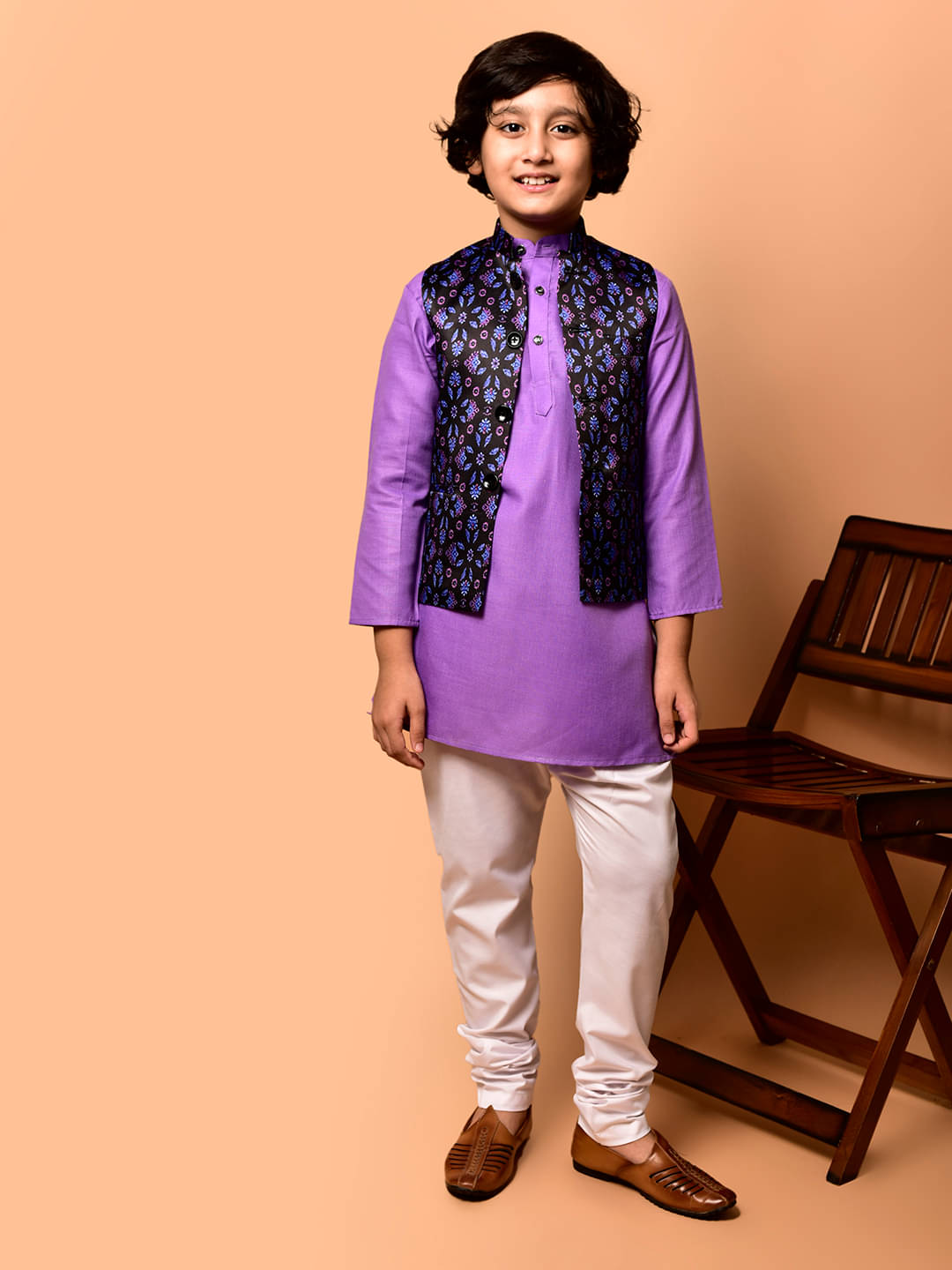     			PRINTCULTR Boys Cotton Blend Floral - Pattern Kurta Pant Set ( Lavender , Pack of 1 )