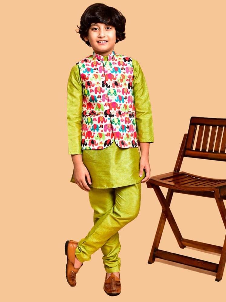     			PRINTCULTR Boys Silk Solid - Pattern Kurta Pant Set ( Lime Green , Pack of 1 )