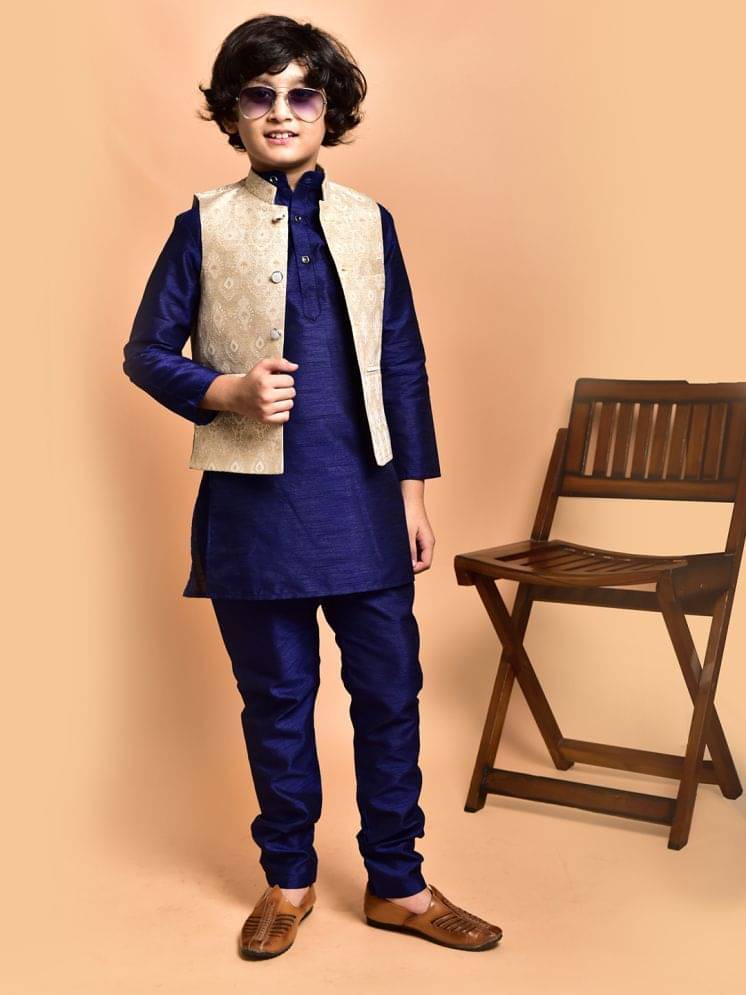     			PRINTCULTR Boys Silk Solid - Pattern Kurta Pant Set ( Navy Blue , Pack of 1 )