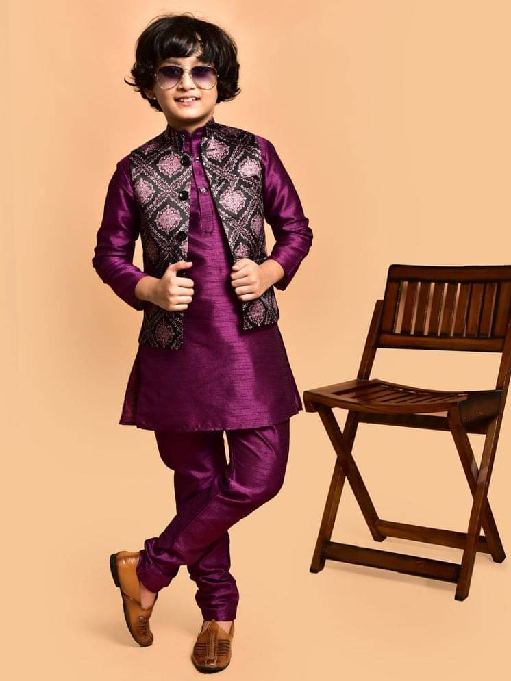     			PRINTCULTR Boys Silk Solid - Pattern Kurta Pant Set ( Purple , Pack of 1 )