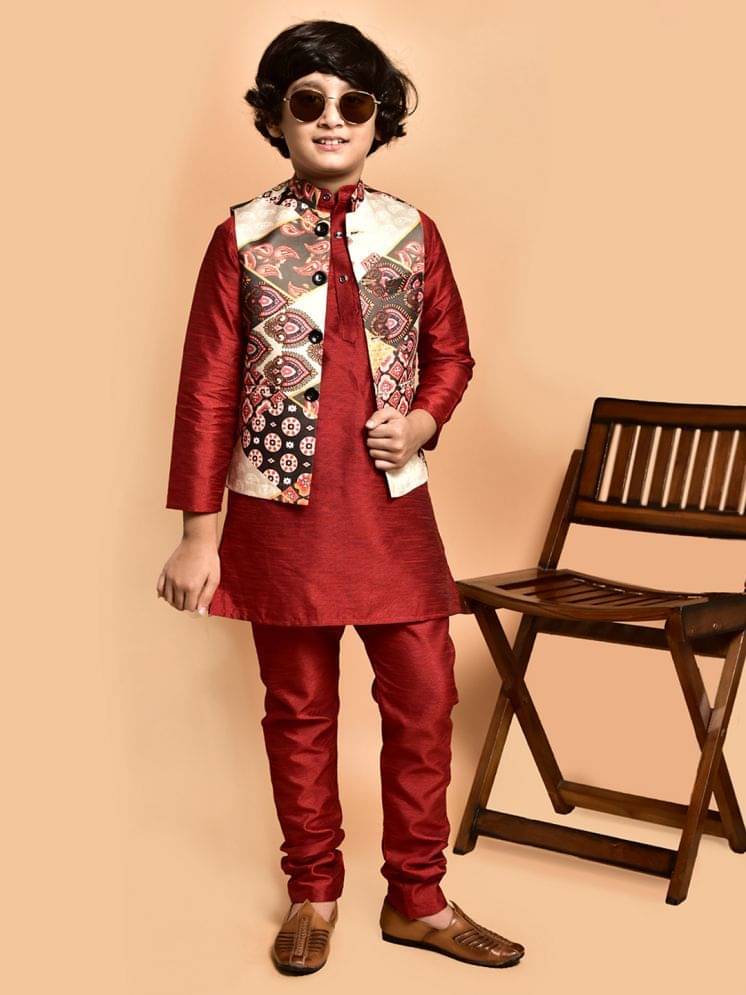     			PRINTCULTR Boys Silk Solid - Pattern Kurta Pant Set ( Red , Pack of 1 )