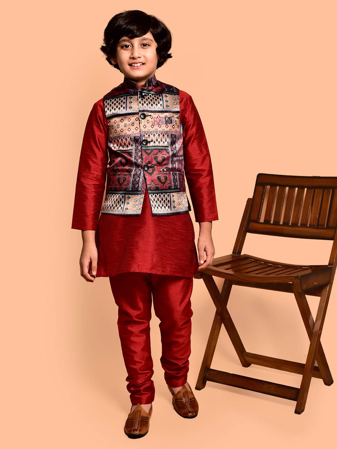 PRINTCULTR Boys Silk Solid - Pattern Kurta Pant Set ( Red , Pack of 1 ) PRINTCULTR Boys Silk Solid - Pattern Kurta Pant Set ( Red , Pack of 1 )