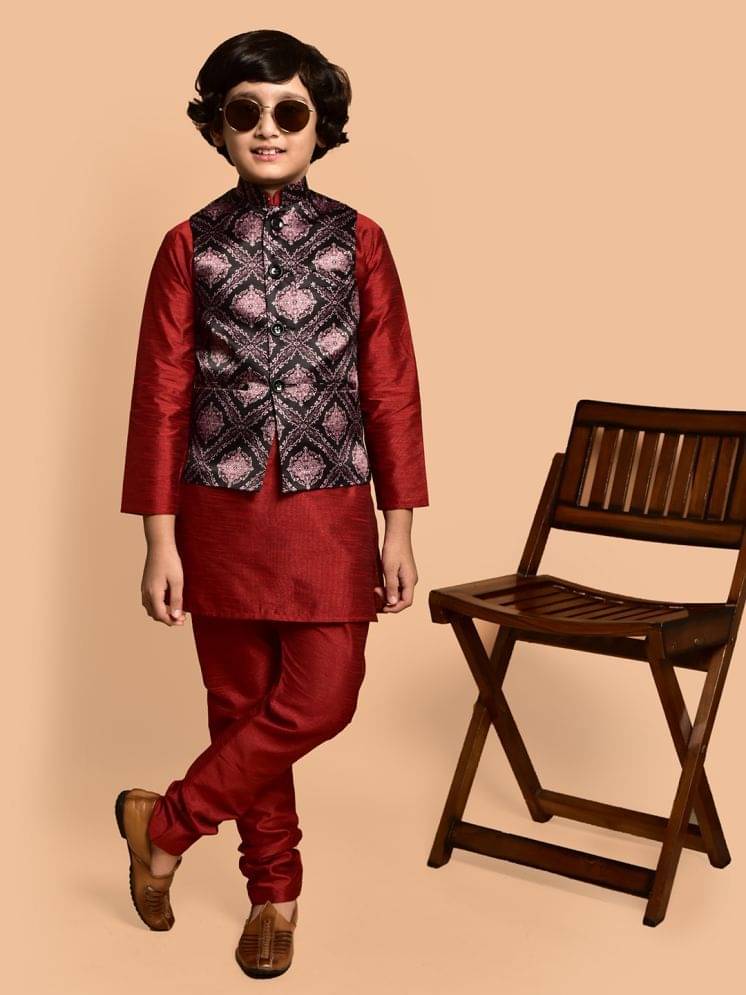 PRINTCULTR Boys Silk Solid - Pattern Kurta Pant Set ( Red , Pack of 1 ) PRINTCULTR Boys Silk Solid - Pattern Kurta Pant Set ( Red , Pack of 1 )