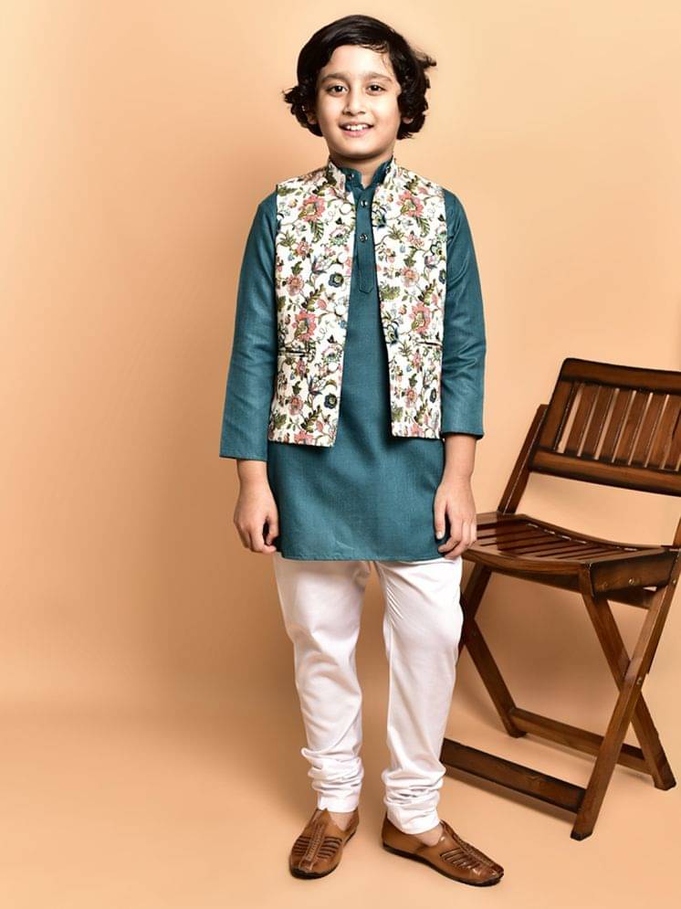 PRINTCULTR Boys Cotton Blend Floral - Pattern Kurta Pant Set ( Teal , Pack of 1 ) PRINTCULTR Boys Cotton Blend Floral - Pattern Kurta Pant Set ( Teal , Pack of 1 )