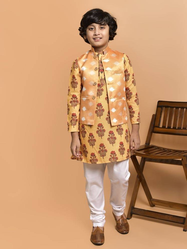     			PRINTCULTR Boys Cotton Blend Floral - Pattern Kurta Pant Set ( Yellow , Pack of 1 )