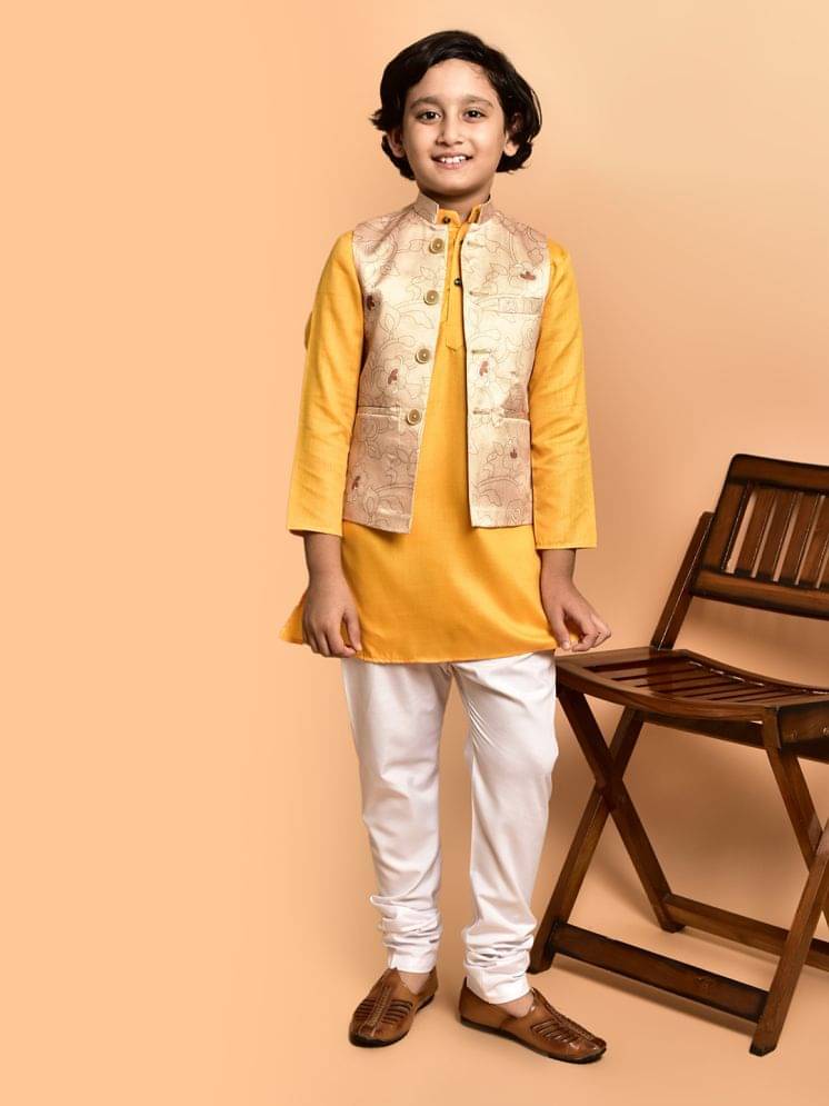     			PRINTCULTR Boys Cotton Blend Floral - Pattern Kurta Pant Set ( Yellow , Pack of 1 )