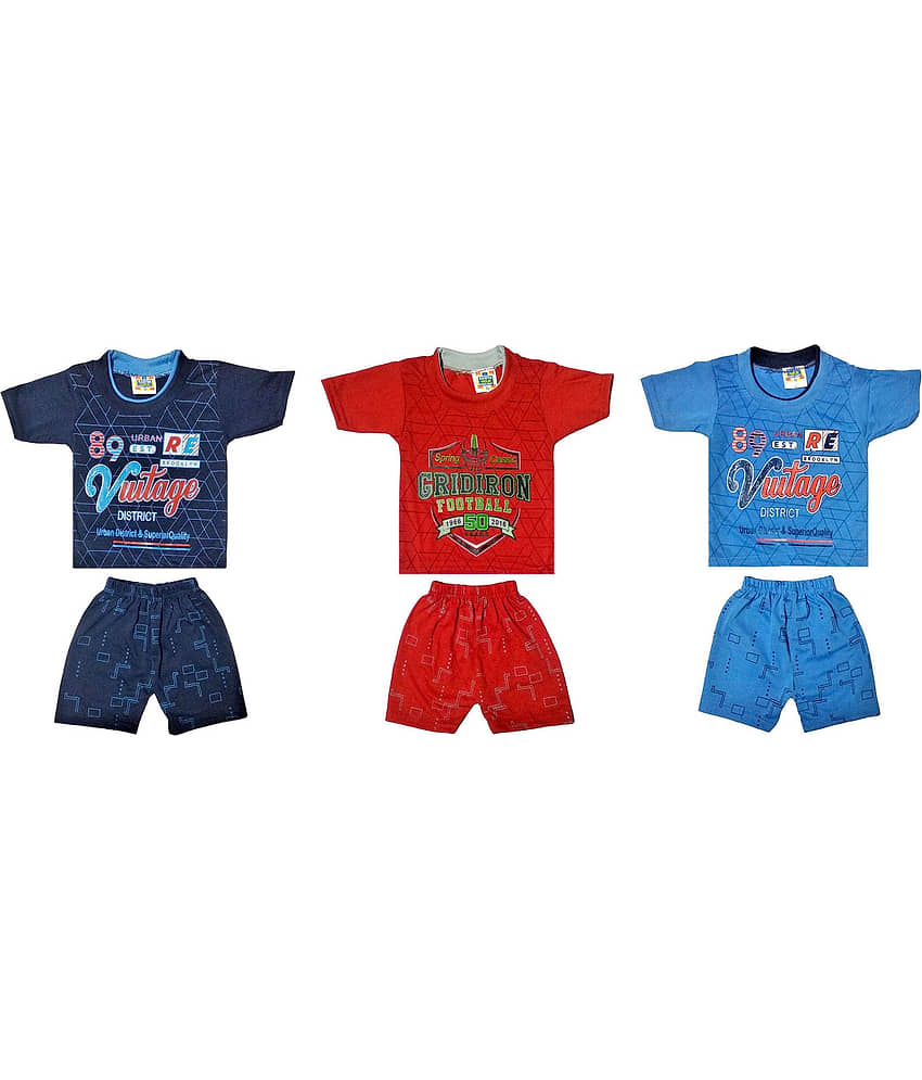 Paryag Pack of 3 Boys Cotton Blend T-Shirt & Shorts Set ( Multicolor )