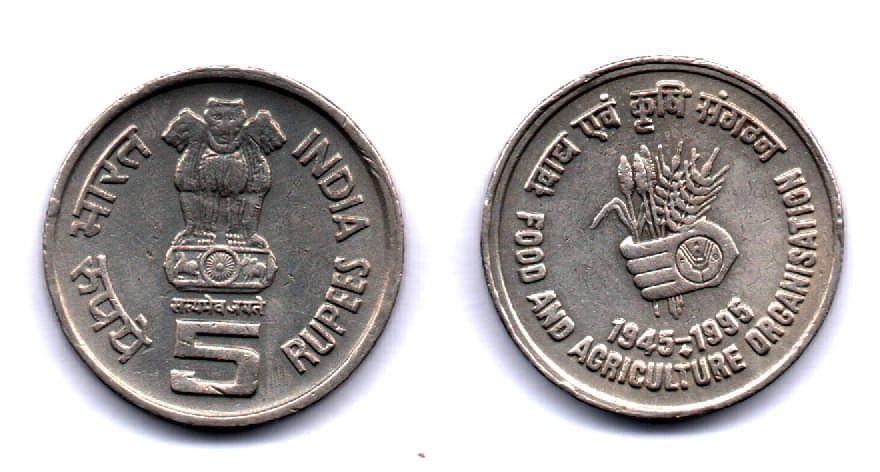     			RAJACOINS – 5  /  FIVE  RS / RUPEE  USED BOMBAY MINT FOOD AND AGRICULTURE ORGANISATION COPPER NICKEL VERY   RARE ( 1 PCS)  COMMEMORATIVE COLLECTIBLE-  USED GOOD CONDITIN