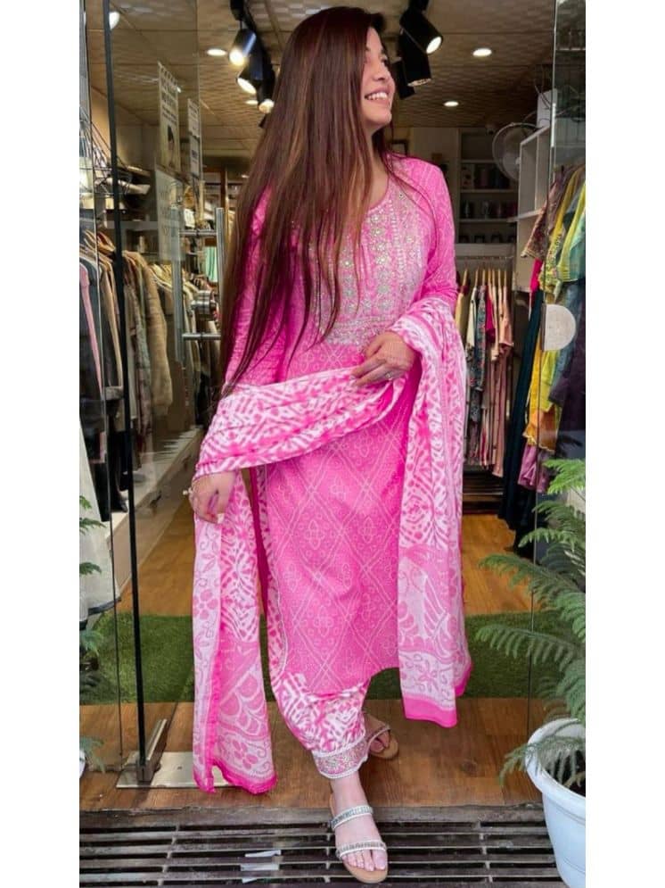 TRAHIMAM Cotton Blend Embroidered Kurti With Palazzo Women's Stitched Salwar Suit - Pink ( Pack of 1 )