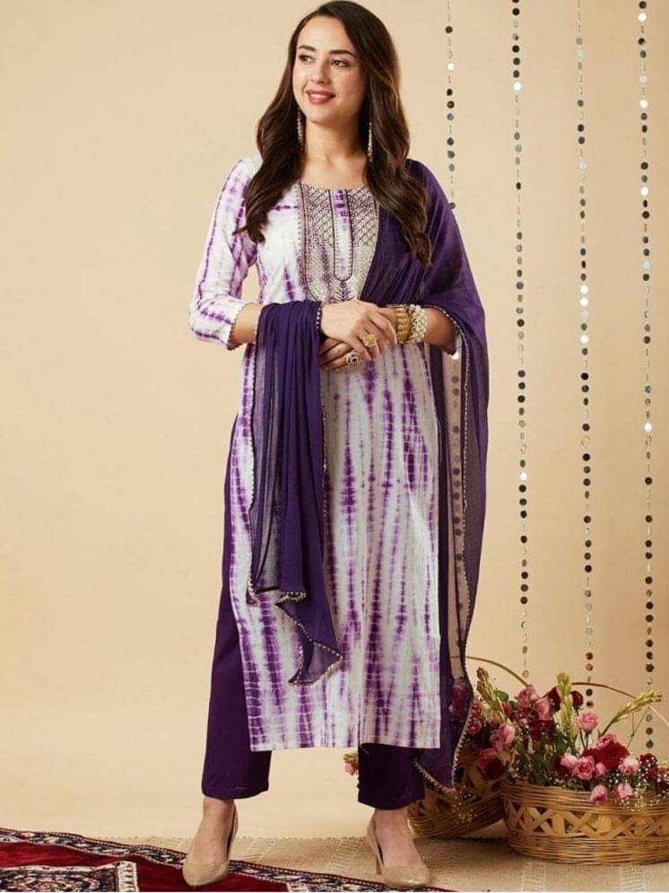     			TRAHIMAM Cotton Blend Embroidered Kurti With Pants Women's Stitched Salwar Suit - Purple ( Pack of 1 )