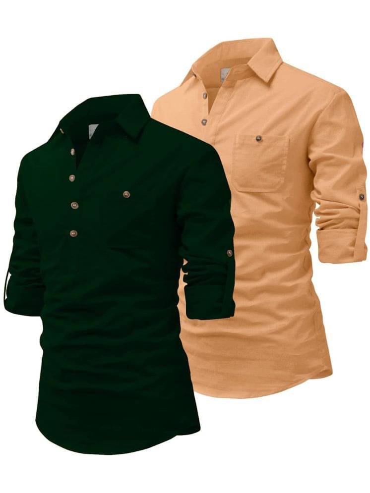 UNI VIBE Dark Green Cotton Blend Men's Shirt Style Kurta ( Pack of 2 ) UNI VIBE Dark Green Cotton Blend Men's Shirt Style Kurta ( Pack of 2 )