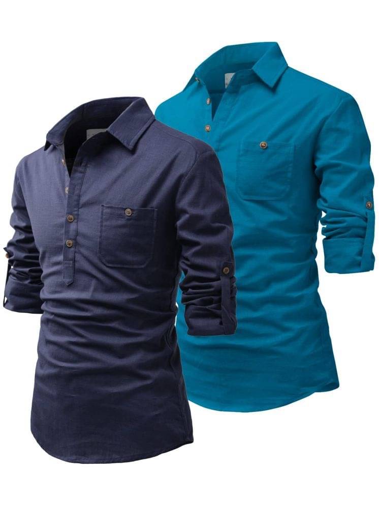 UNI VIBE Turquoise Cotton Blend Men's Shirt Style Kurta ( Pack of 2 ) UNI VIBE Turquoise Cotton Blend Men's Shirt Style Kurta ( Pack of 2 )