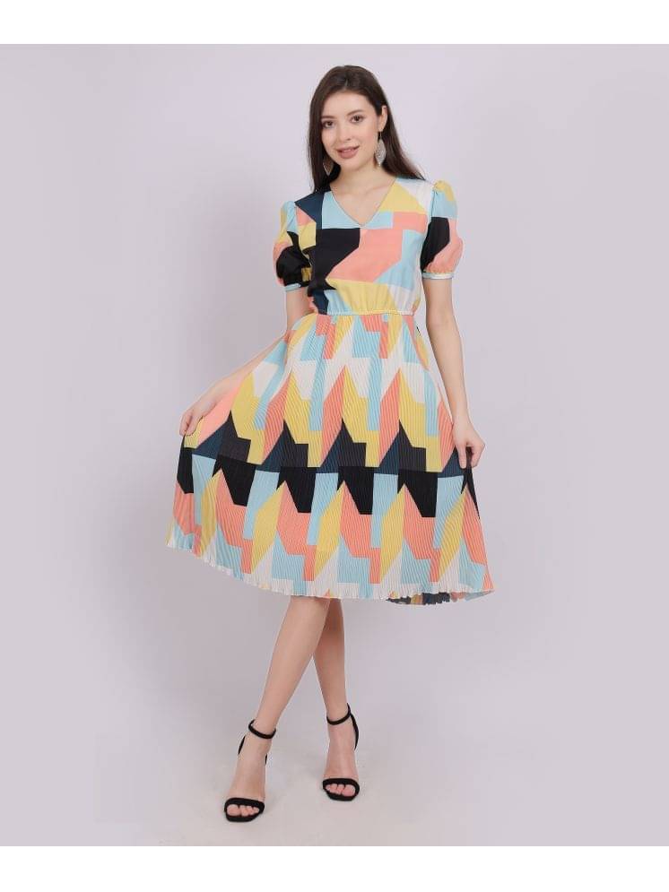 aumbe Women Polyester Printed A-line Dress ( Blue )     			aumbe Women Polyester Printed A-line Dress ( Blue )