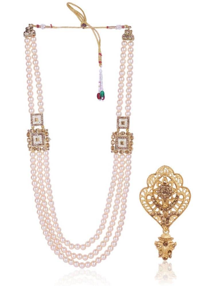 Dulha groom sherwani Necklace/Moti Mala for Men for wedding | Groom Mala and Brooch Set - Jewellery Sets | Buy online on ZillyBuy