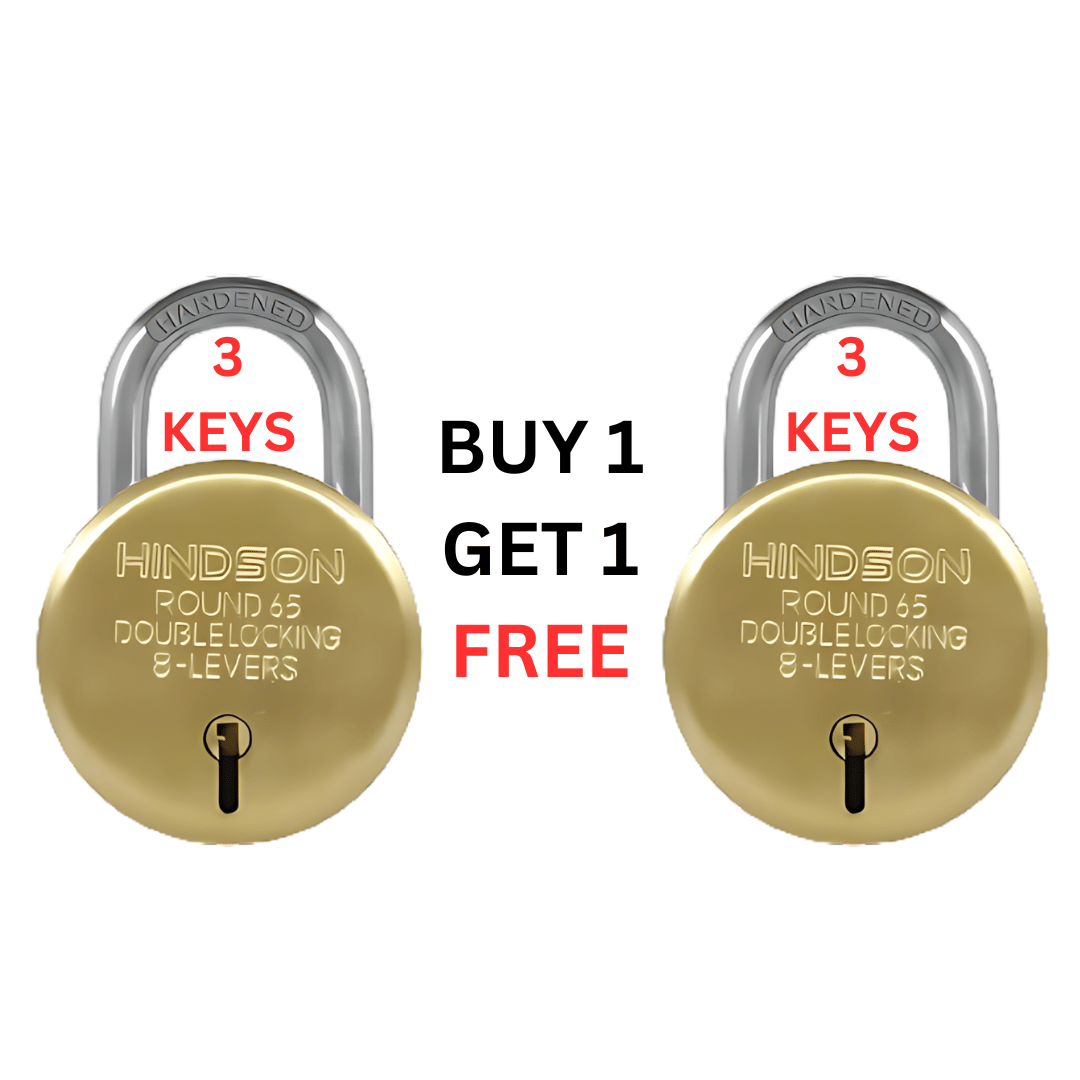     			HINDSON Lock Round 65mm (Buy 1 Get 1 FREE) with 3 Key, Steel Double Locking, 8 Lever Padlock for Door, Gate, Shutter (Finish Silver) (Gold 65mm)
