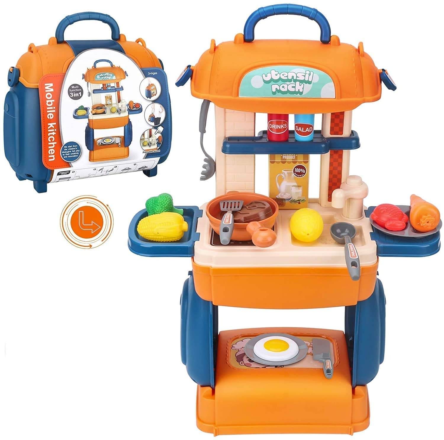     			PANSHUB 3 in 1 Kitchen Set for Kids 3 in 1 Multi Function Pretend Mobile Kitchen Play Set with Portable Suitcase Design for Girls and Boys (Orange Kitchen Set)Boys (Blue Doctor Set)