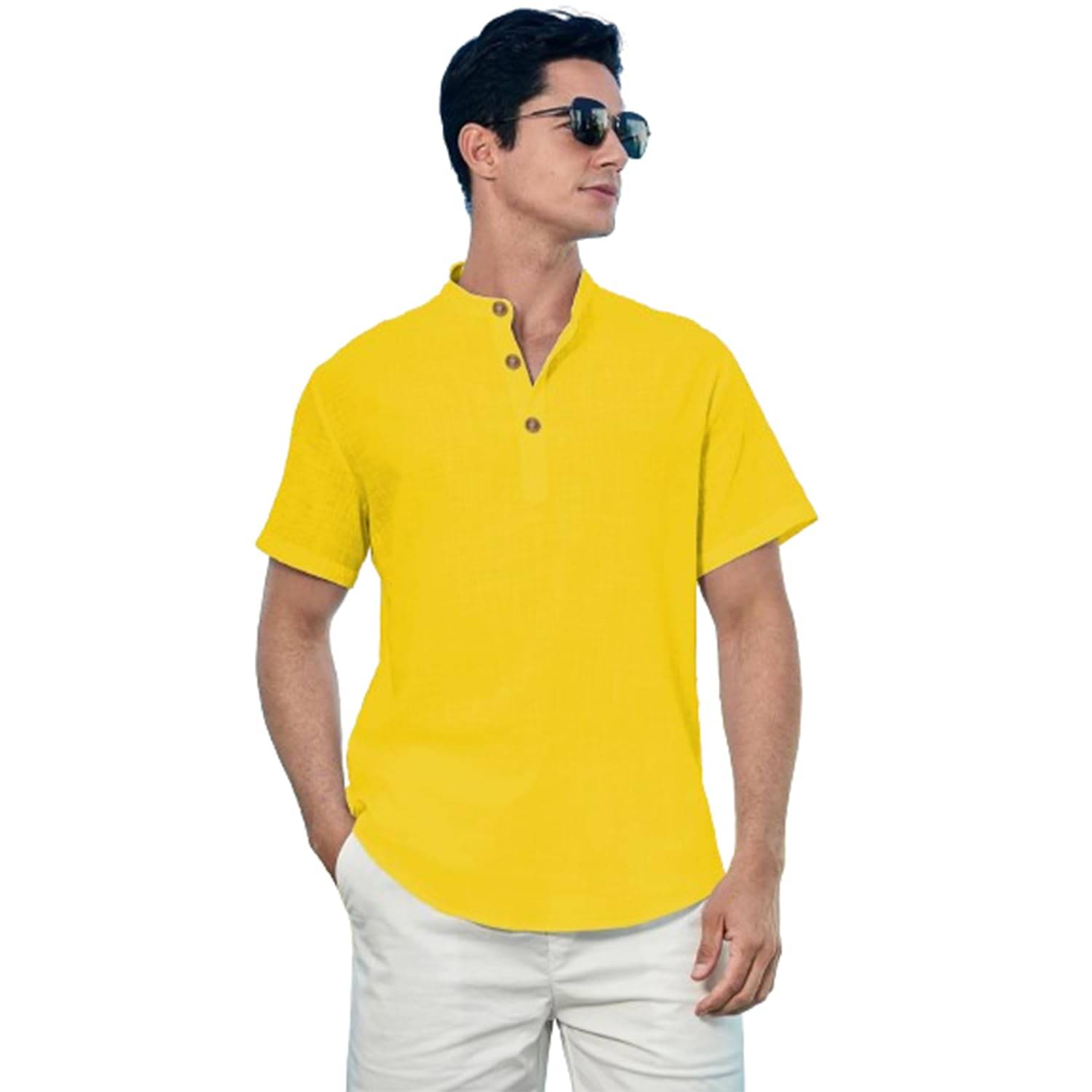 TrendiVastra Yellow Cotton Blend Men's Shirt Style Kurta ( Pack of 1 )     			TrendiVastra Yellow Cotton Blend Men's Shirt Style Kurta ( Pack of 1 )