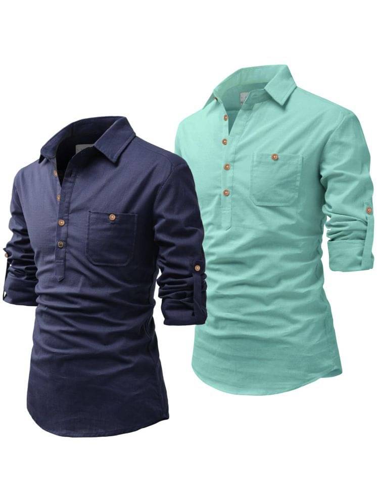     			UNI VIBE Light Blue Cotton Blend Men's Shirt Style Kurta ( Pack of 2 )