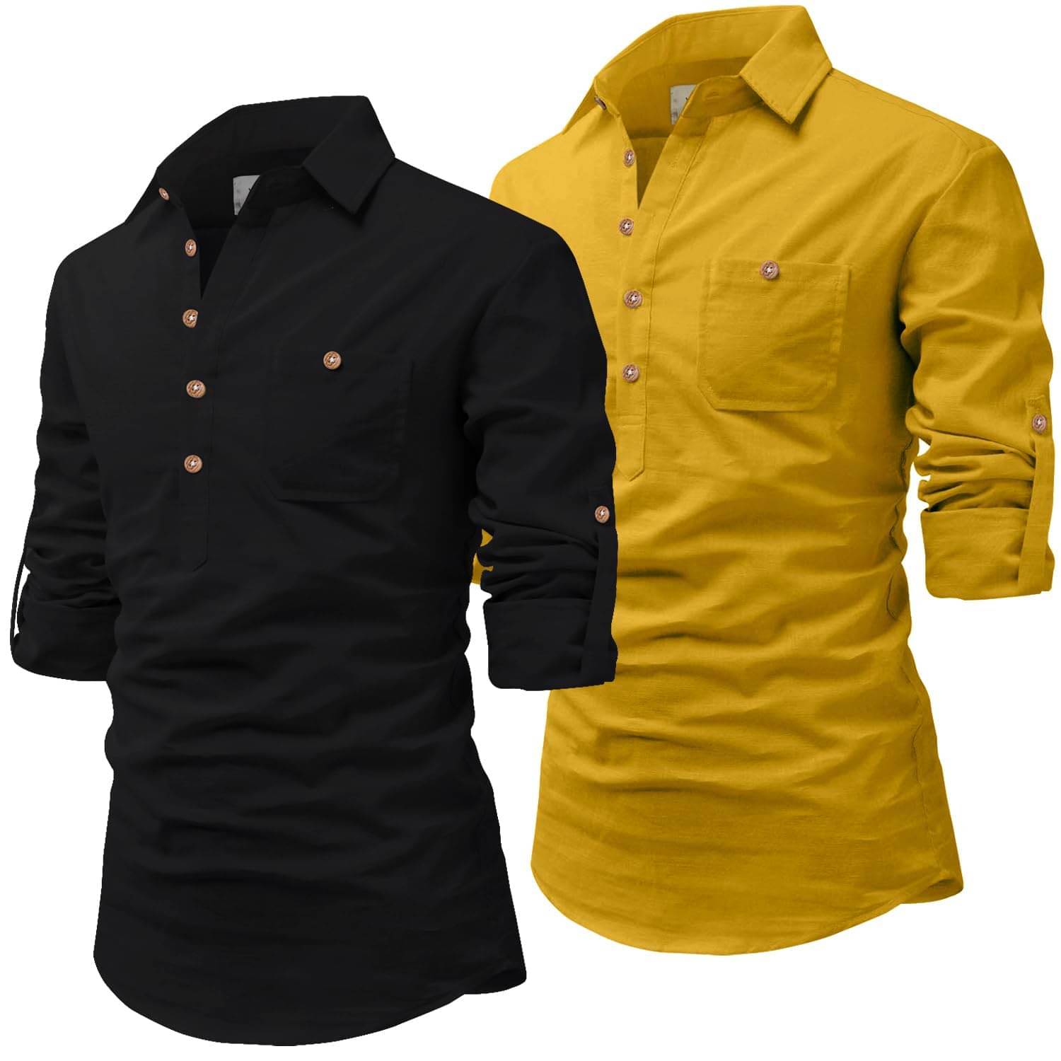     			UNI VIBE Mustard Cotton Blend Men's Shirt Style Kurta ( Pack of 2 )