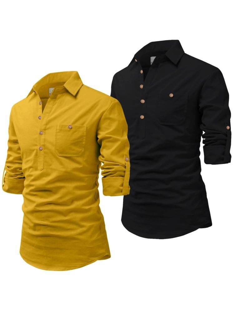     			UNI VIBE Mustard Cotton Blend Men's Shirt Style Kurta ( Pack of 2 )