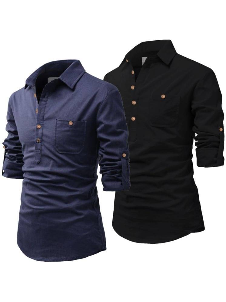UNI VIBE Navy Cotton Blend Men's Shirt Style Kurta ( Pack of 2 ) UNI VIBE Navy Cotton Blend Men's Shirt Style Kurta ( Pack of 2 )