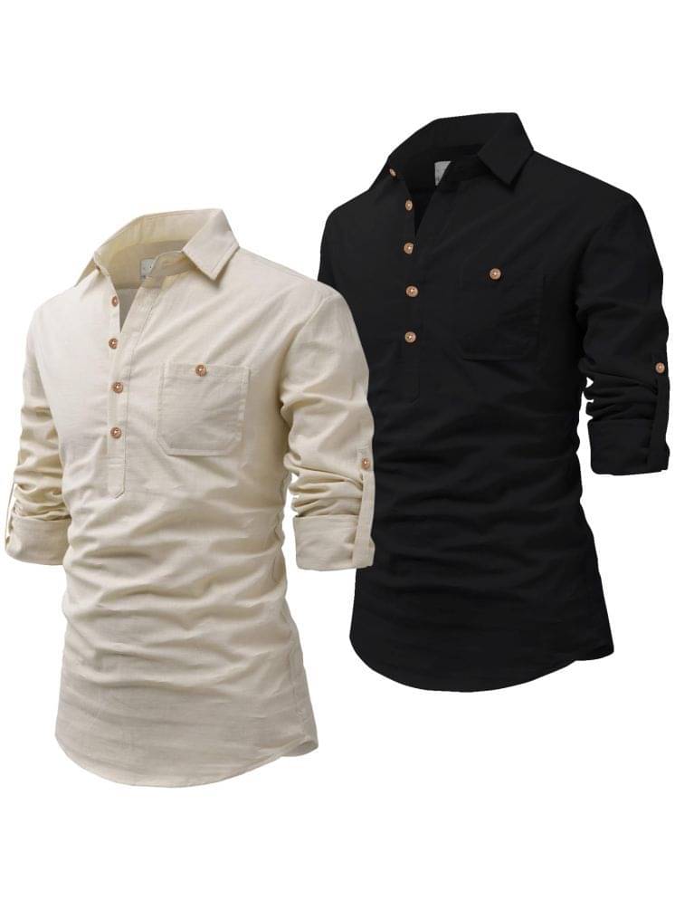 UNI VIBE Off-White Cotton Blend Men's Shirt Style Kurta ( Pack of 2 ) UNI VIBE Off-White Cotton Blend Men's Shirt Style Kurta ( Pack of 2 )