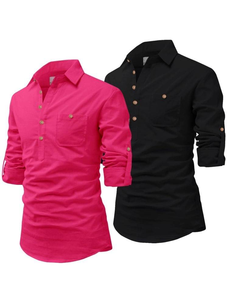 UNI VIBE Pink Cotton Blend Men's Shirt Style Kurta ( Pack of 2 ) UNI VIBE Pink Cotton Blend Men's Shirt Style Kurta ( Pack of 2 )