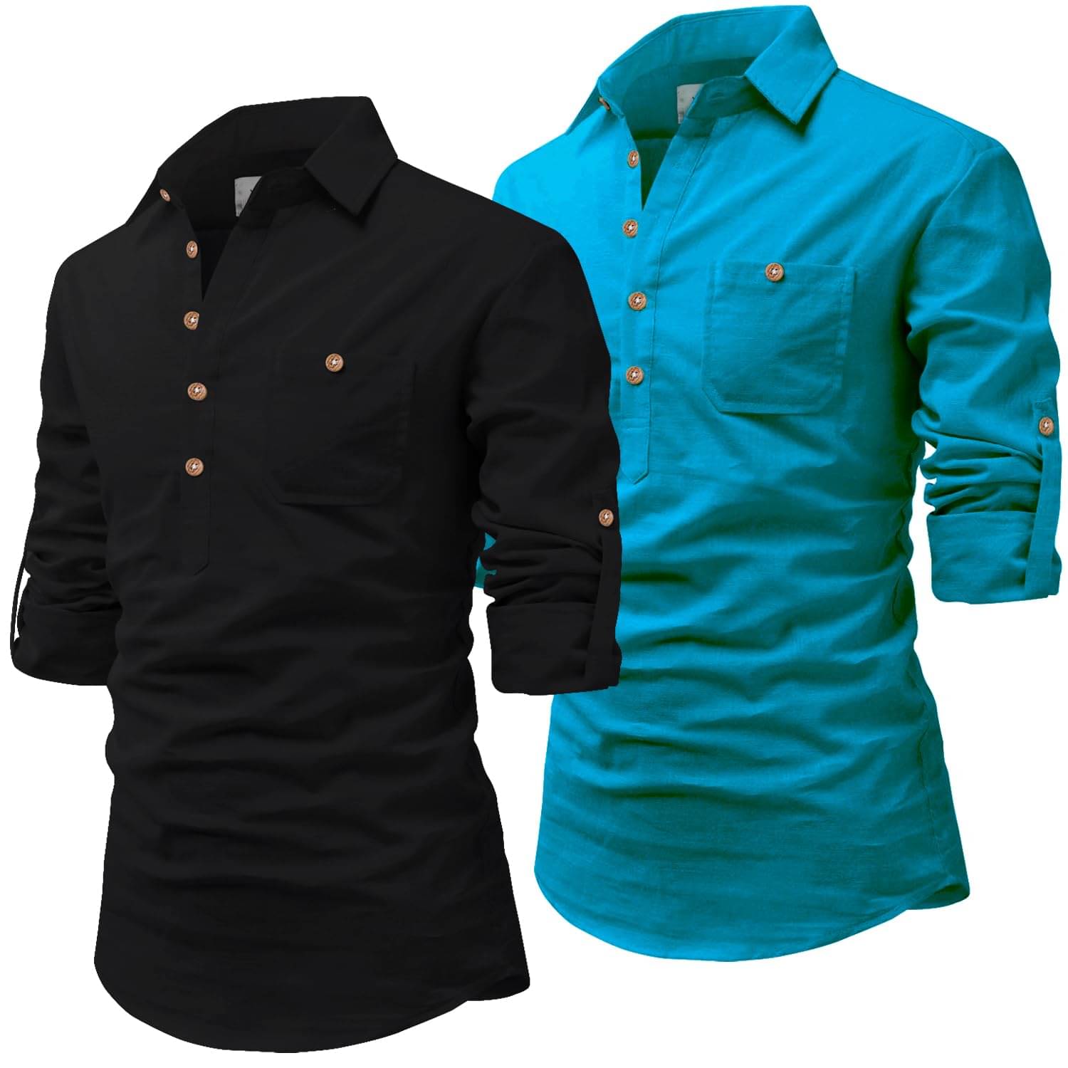     			UNI VIBE Teal Cotton Blend Men's Shirt Style Kurta ( Pack of 2 )