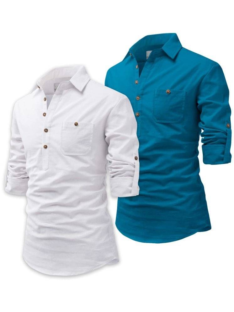 UNI VIBE Turquoise Cotton Blend Men's Shirt Style Kurta ( Pack of 2 ) UNI VIBE Turquoise Cotton Blend Men's Shirt Style Kurta ( Pack of 2 )