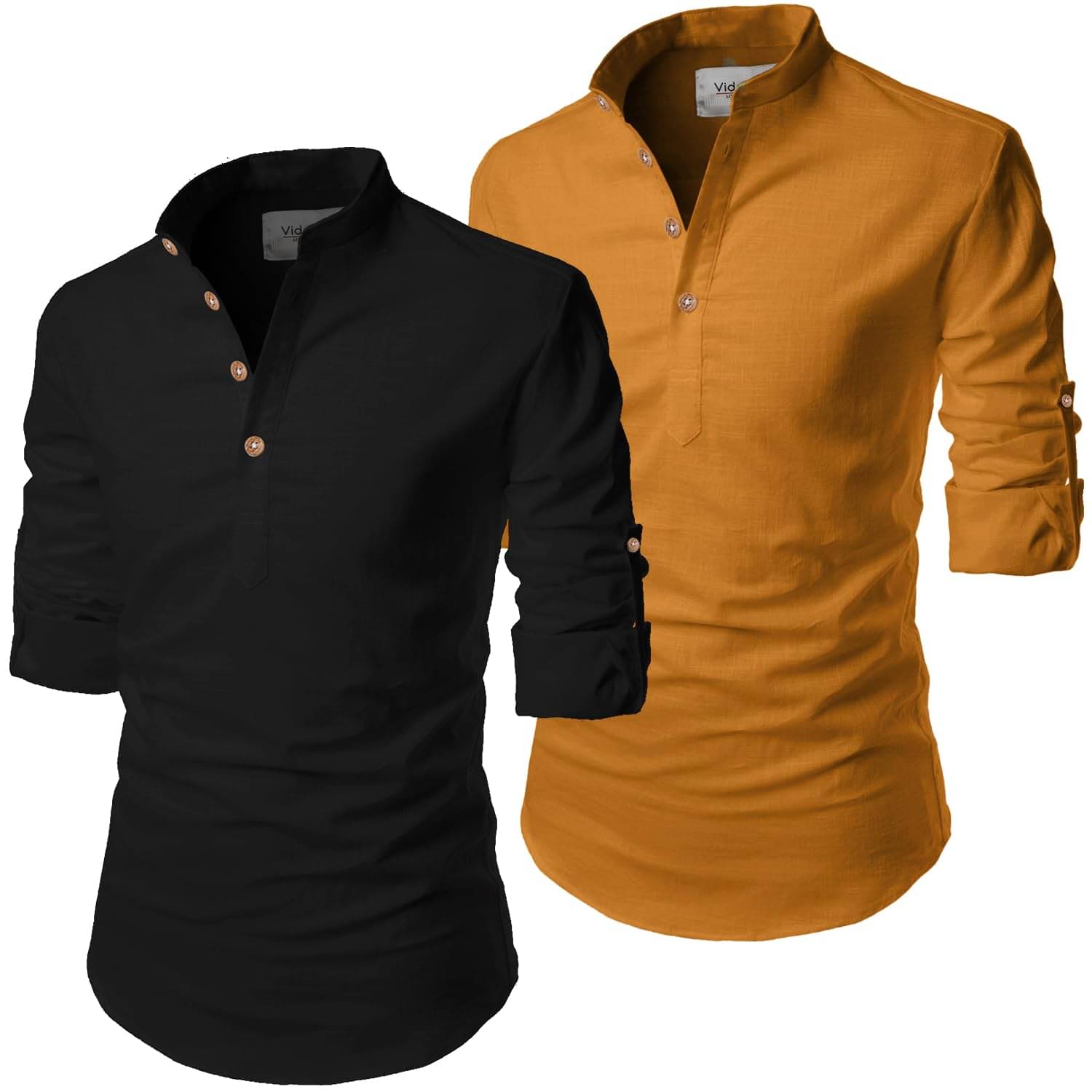     			UNI VIBE Yellow Cotton Blend Men's Shirt Style Kurta ( Pack of 2 )